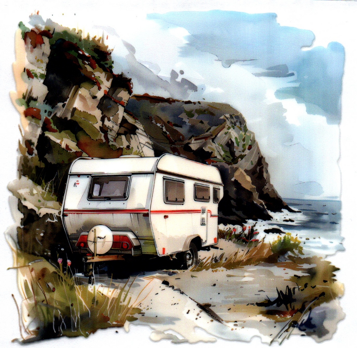 Camper by rock wall & lake Misc. Single Decal 100