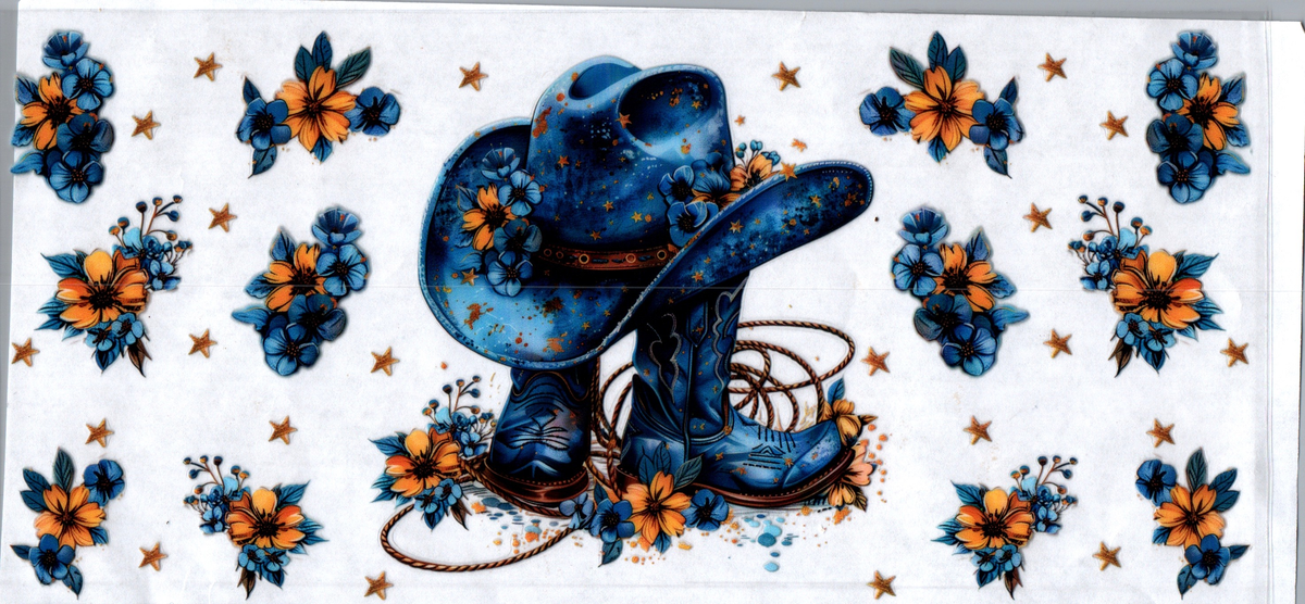 16oz blue cowboy hat boots flowers 100