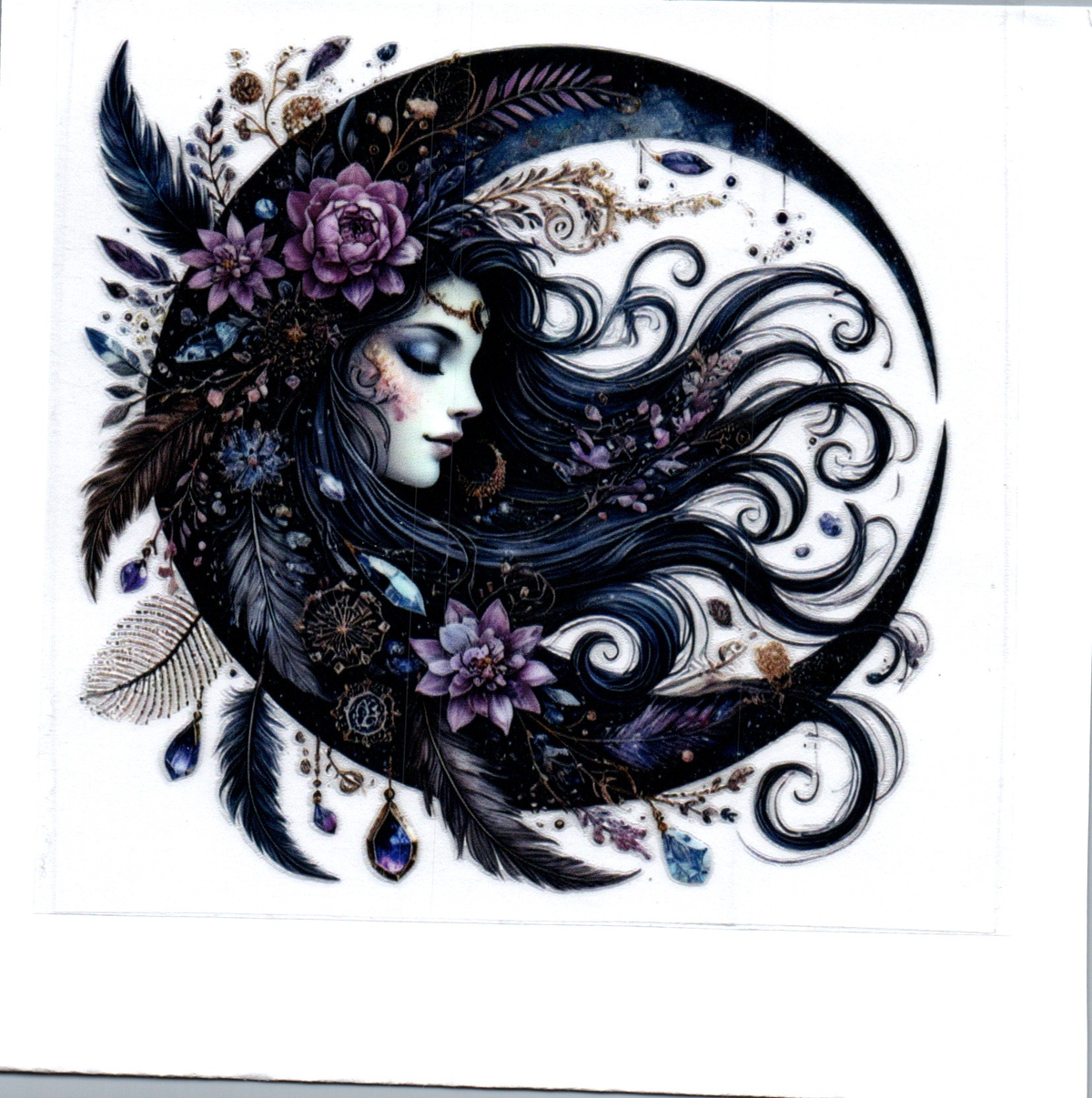 Black moon dk hair girl feathers & leaves Single Decal 106