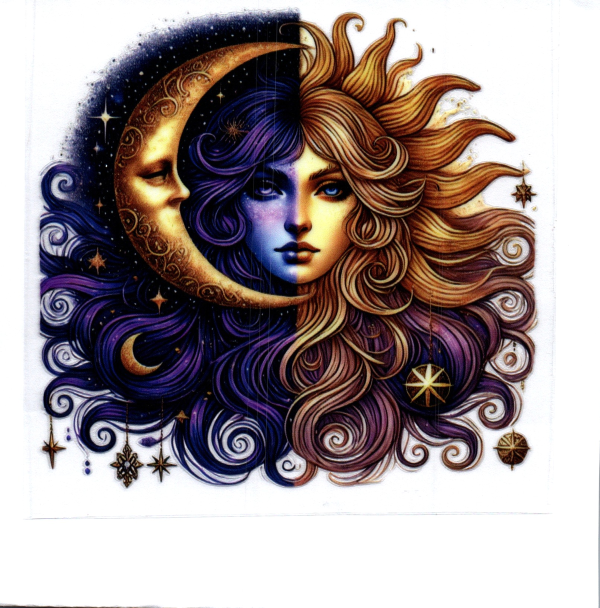 Gold crescent moon half black, half gold hair awake Single Decal 108