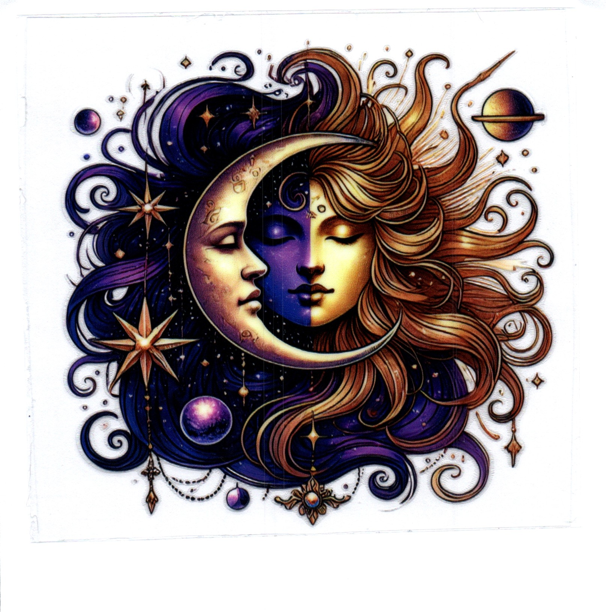 Gold crescent moon half black, half gold hair asleep Single Decal 109