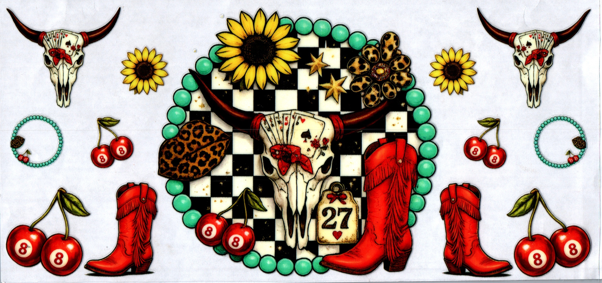 16oz longhorn skull cards checkered red boots 110
