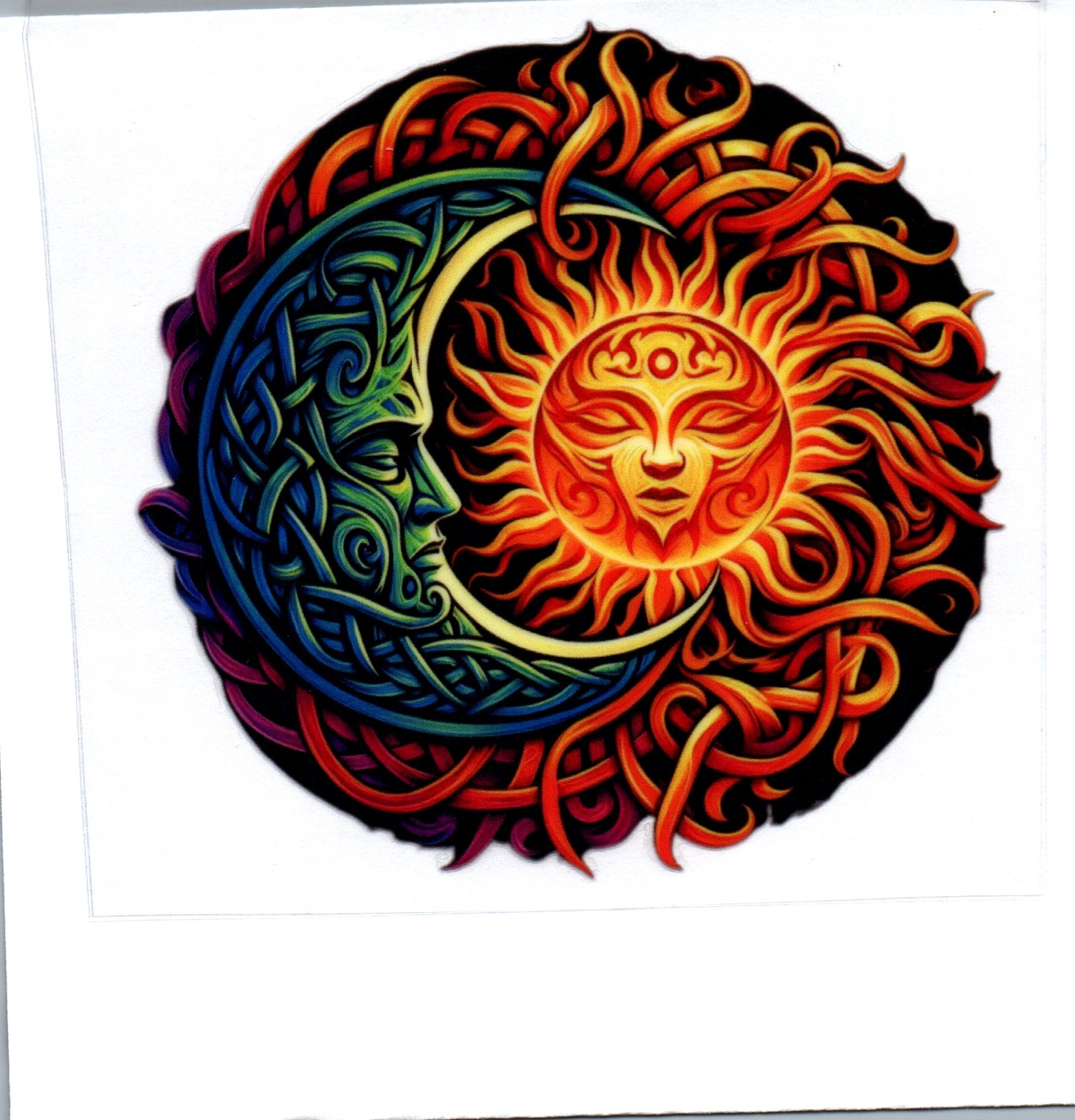 Celtic vine blue green moon, yellow orange sun Single Decal 112