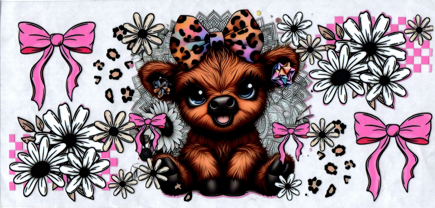 16 oz Leopard bow cow with white flowers and pink bows around 113