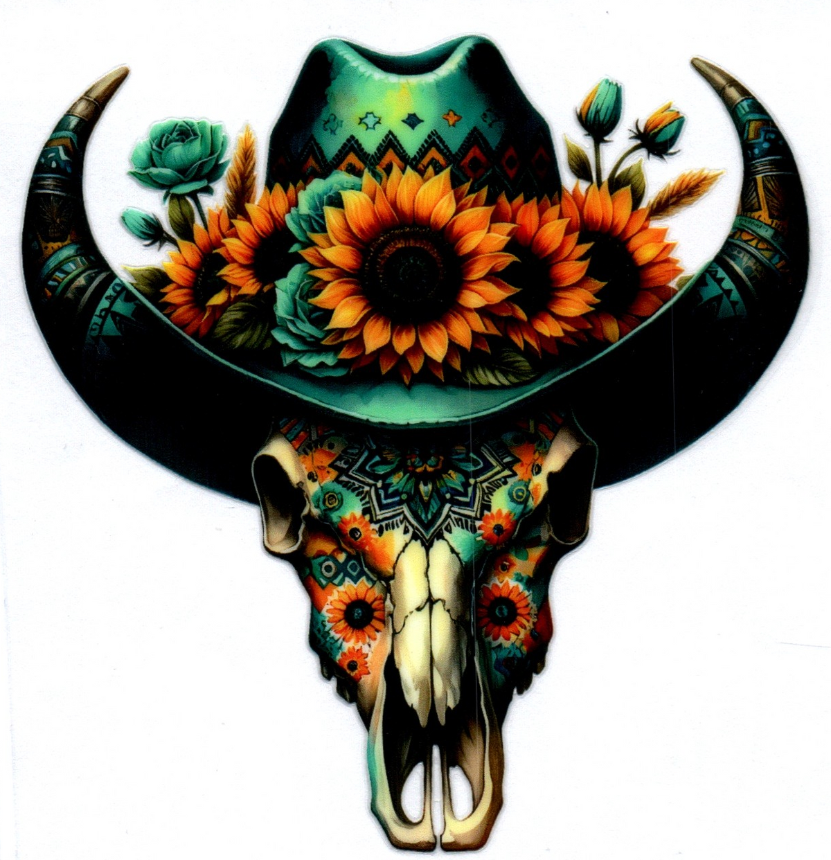 Cow Skull with teal hat and sunflowers Misc. Single Decal 117