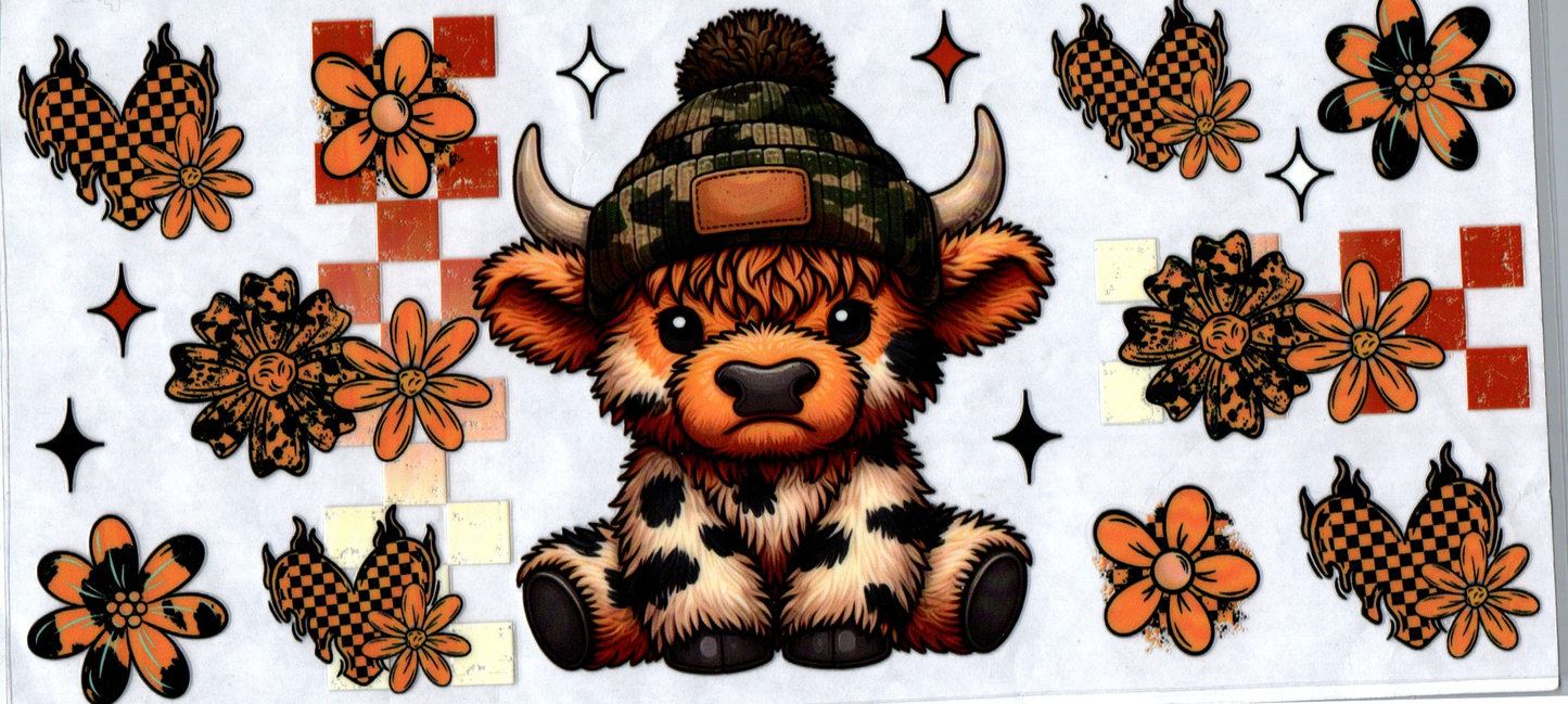 16 oz White, Tan& Brown cow w/beanie & flowers 120