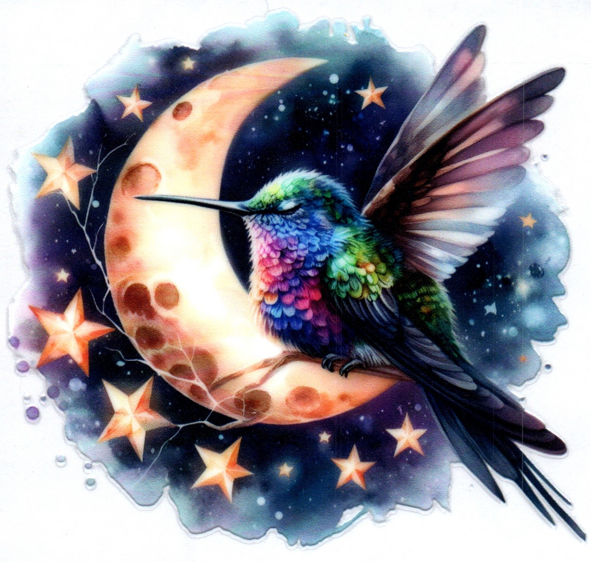 Hummingbird w/wings open on moon 12 Single Decal