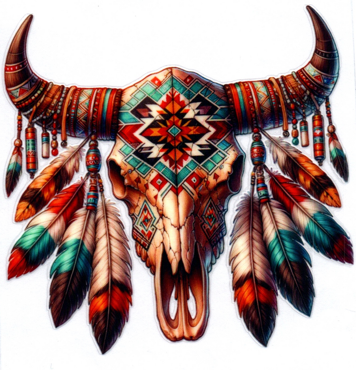 Western Cow Skull w/Aztec and feathers Misc. Single Decal 125