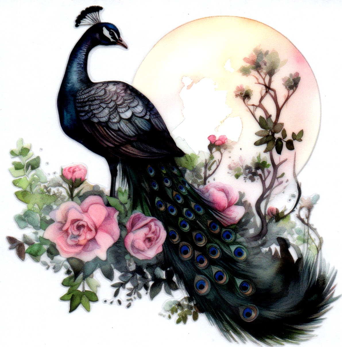 Black Peacock flowers & moon 12 Single Decal