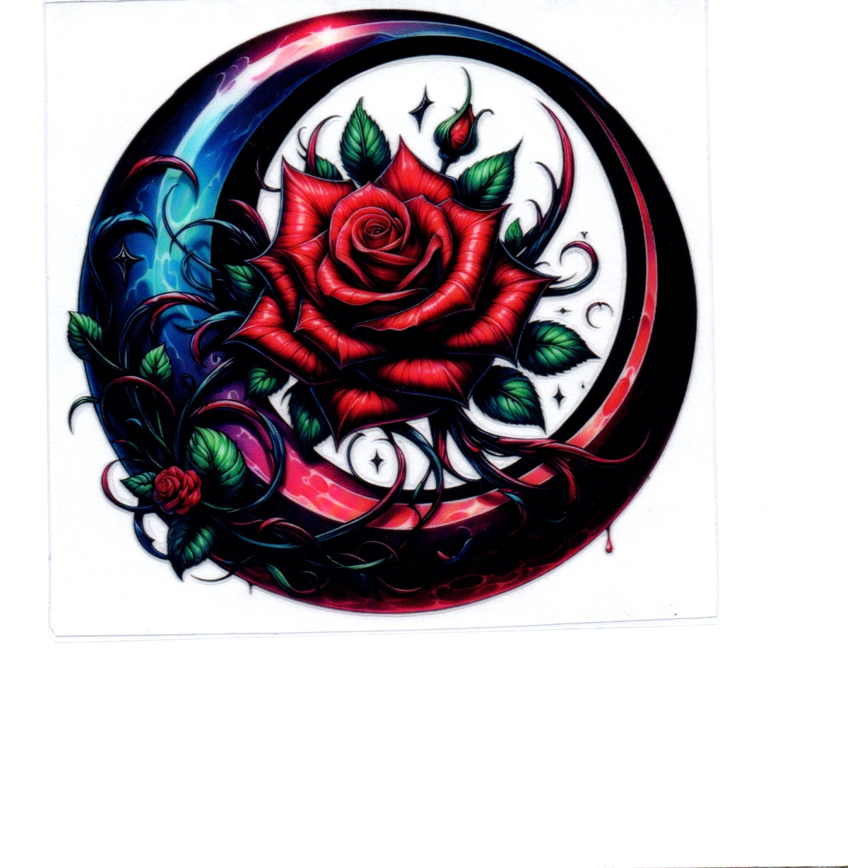shiny steel blue red black moon red rose green leaves Single Decal 132