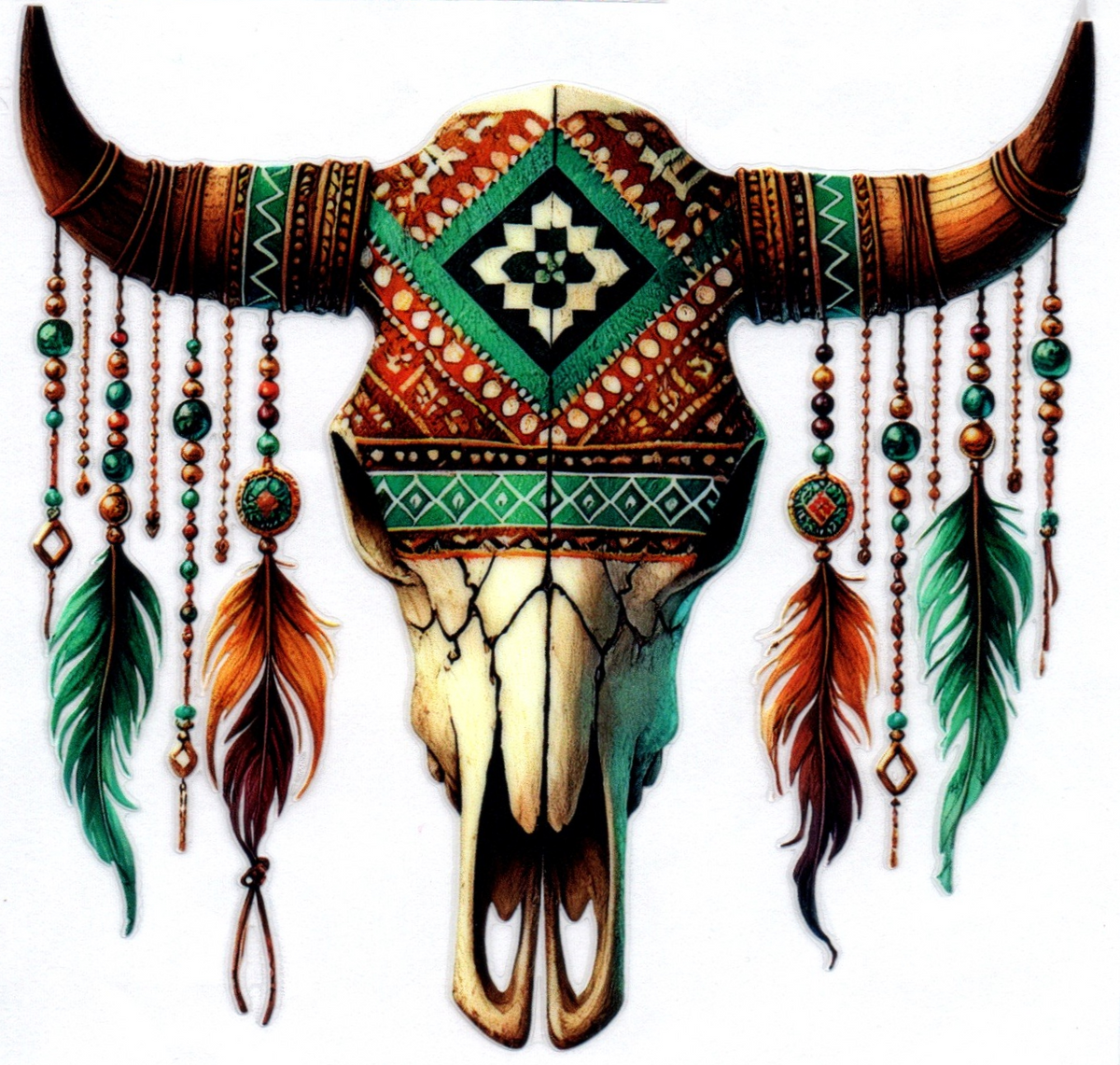 Cow Skull with feathers and aztec Misc. Single Decal 132