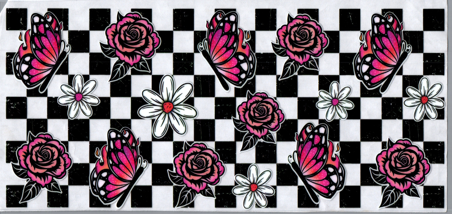 16oz Checkered Pink Roses and butterflies with Daisy's 133