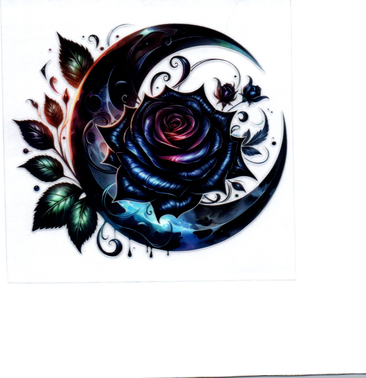 shiny steel black moon black red rose green leaves Single Decal 134
