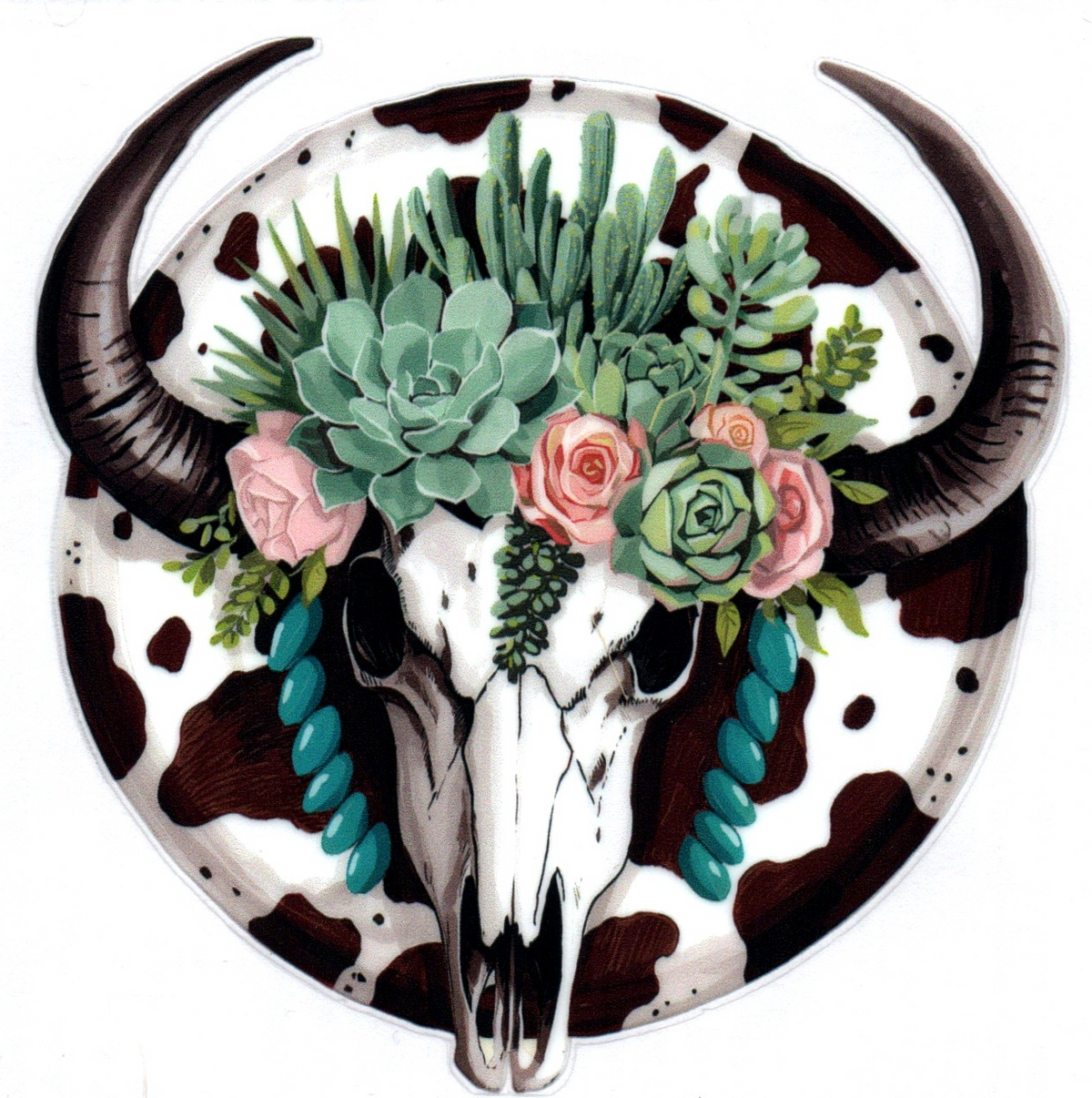 Cow print cow skull w/flowers Single Decal 137