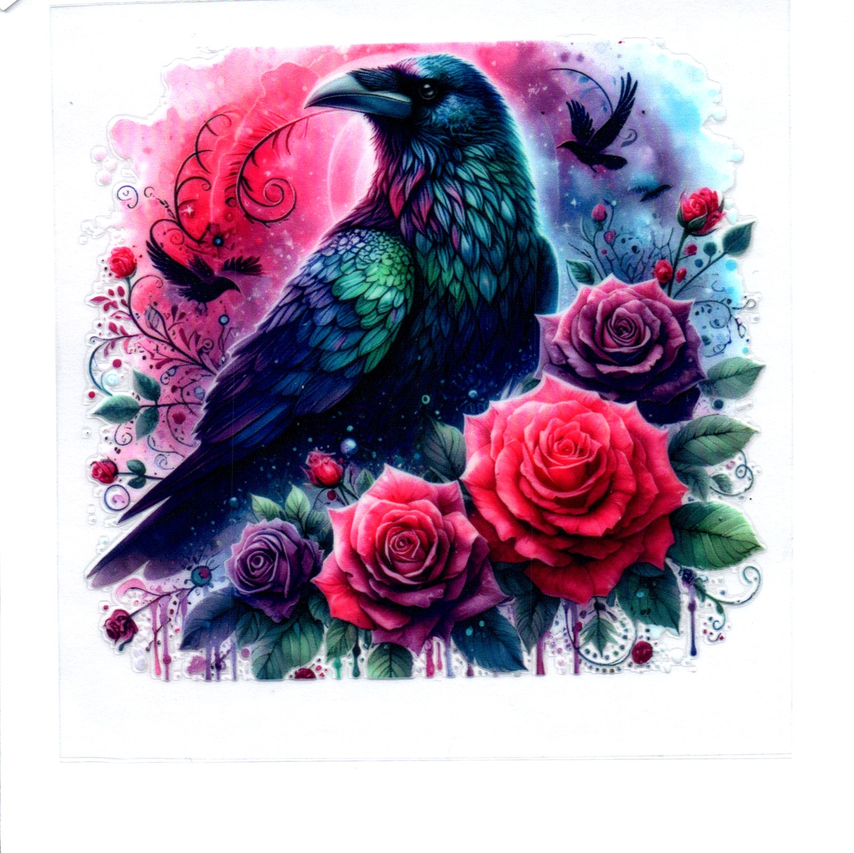 Blue black raven red & purple roses Single Decal 148
