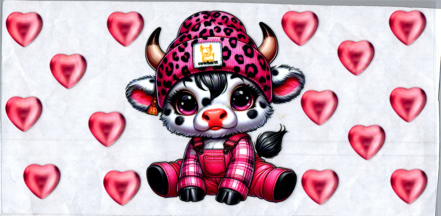 16 oz Pink Cowhartt Cow in overalls pink hearts 158