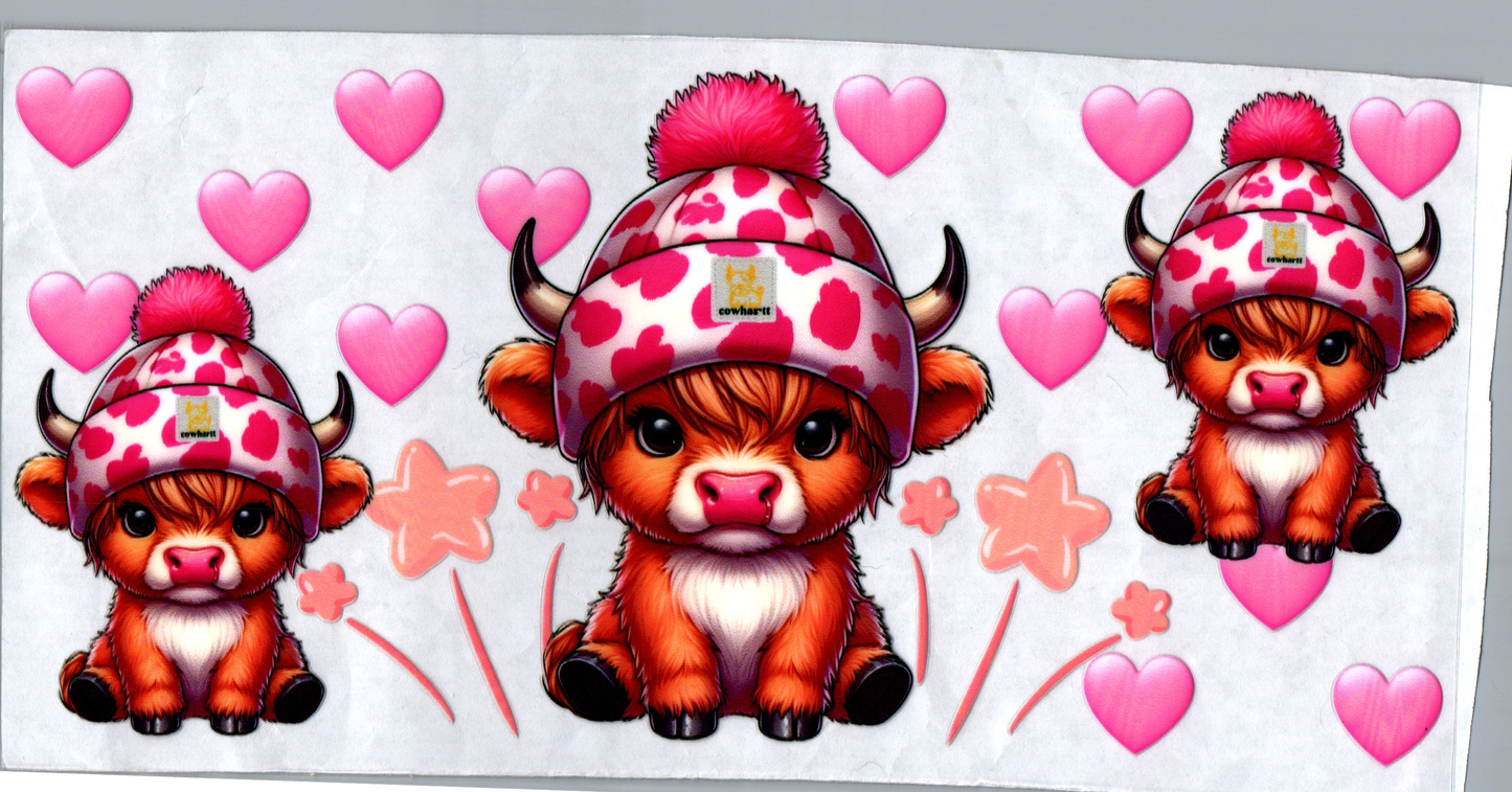 16 oz Pink Beanie cows with hearts and stars 159