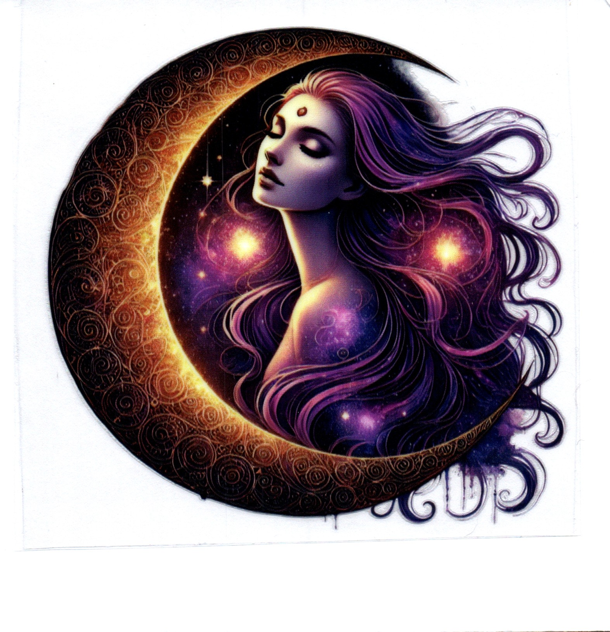 golden designed moon with purple girl eyes closed Single Decal 167