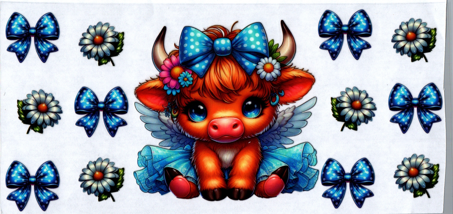 16 oz Baby Cow in blue dress & blue bows and flowers 17