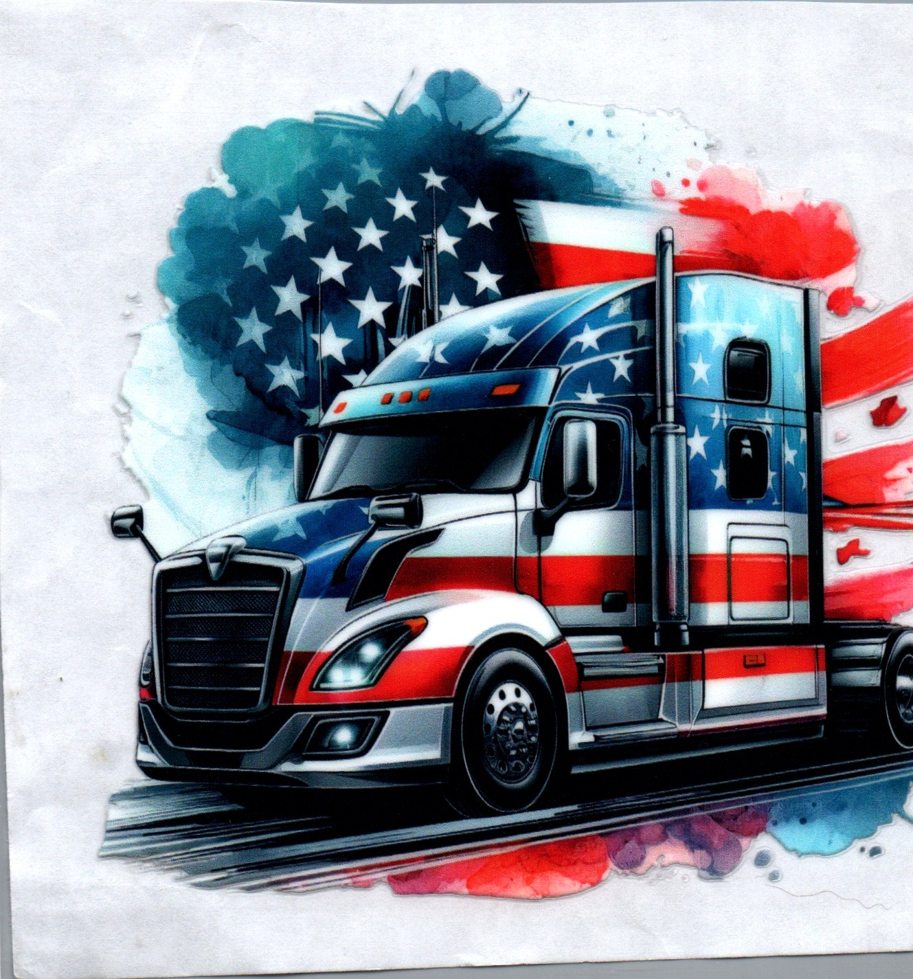 RWB Semi w/flag behind it Patriotic Decal 17
