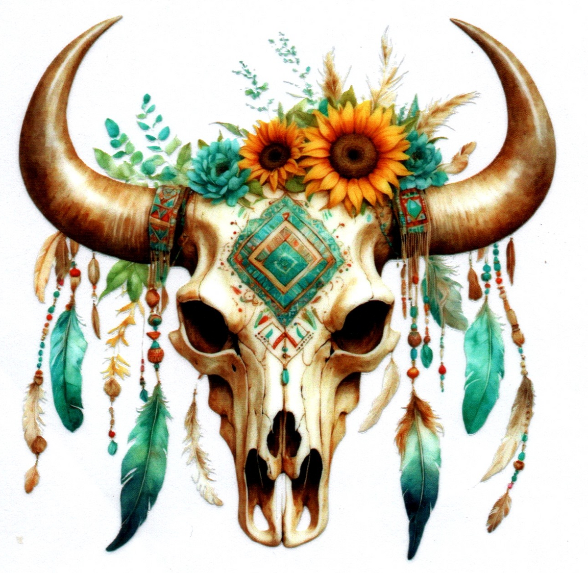 Cow Skull w/feathers Single Decal 17