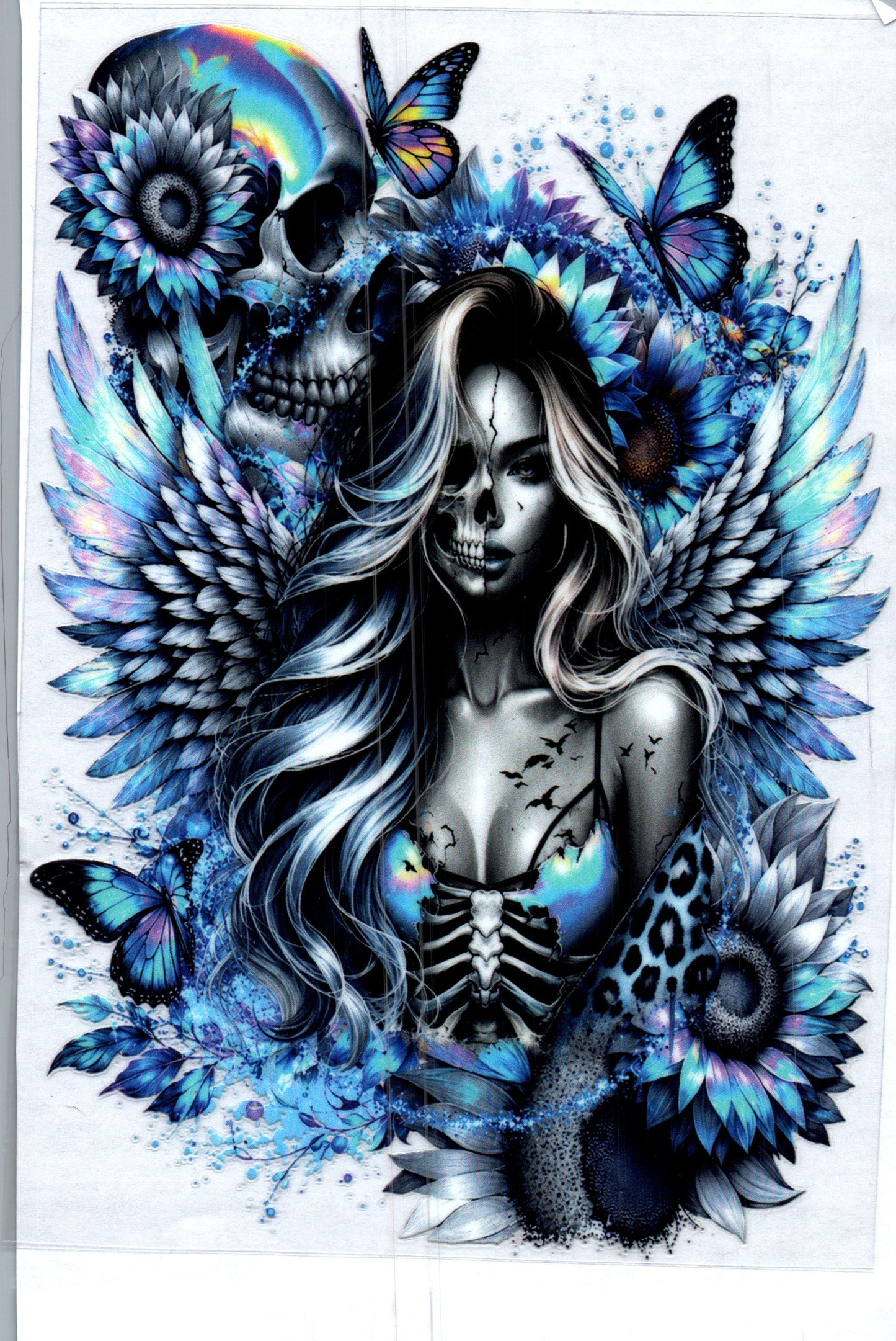 Blue Tattoo girl w/wings,skull,flowers,butterflies A5 17