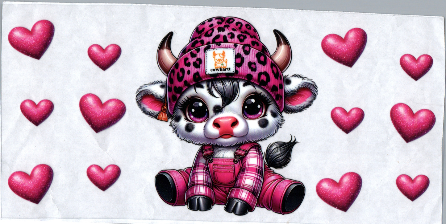 16 oz Pink Cow in overalls and pink solid hearts 178
