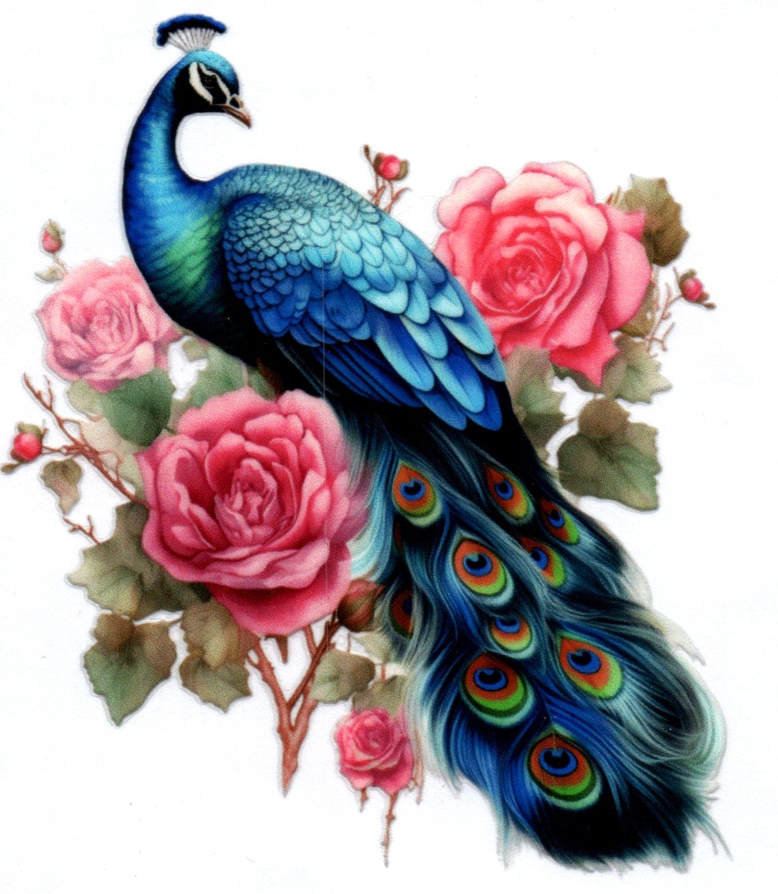 Blue Peacock w/pink flowers 18 Single Decal