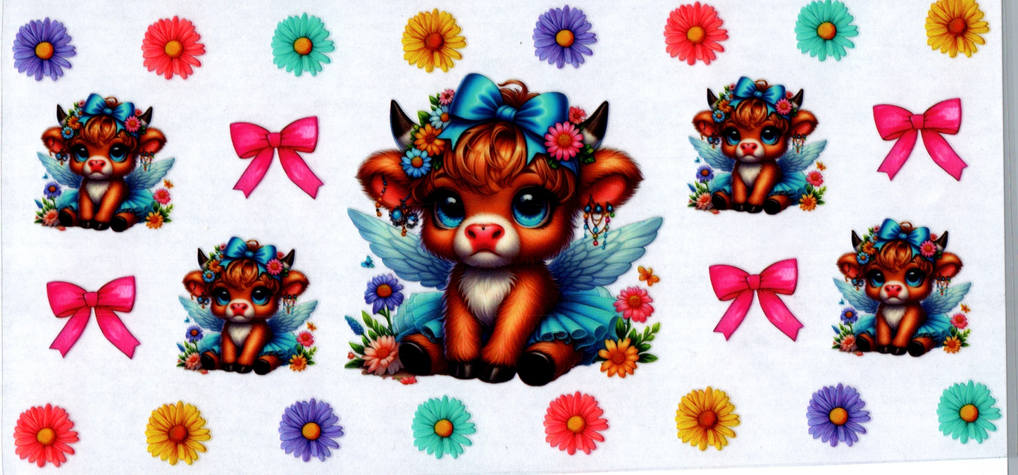 16 oz Baby cow in blue dress with angel wings pink bows around 2