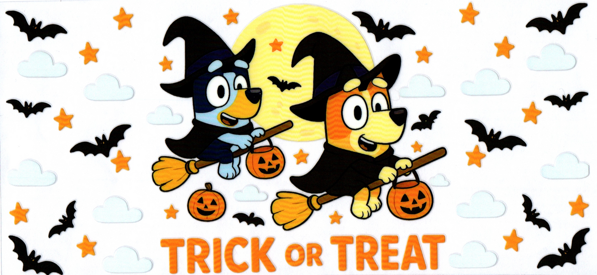 16oz blue dog & friend on broom, bats Halloween 22