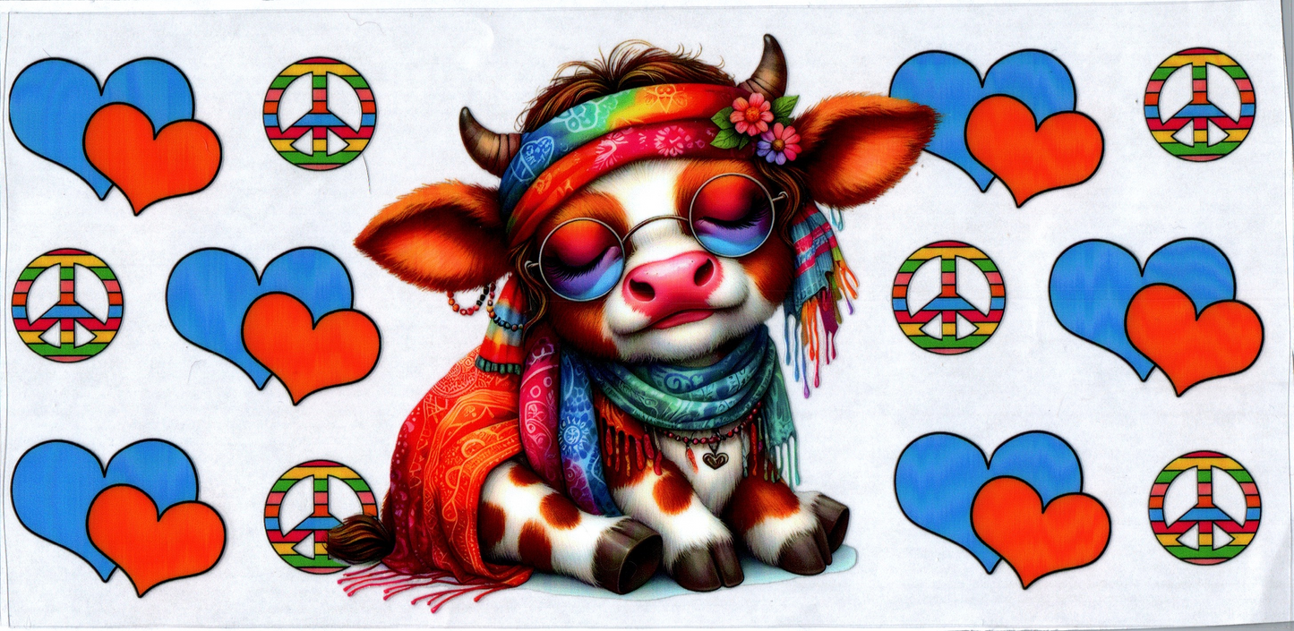 16 oz Hippie cow with rainbow peace signs 24
