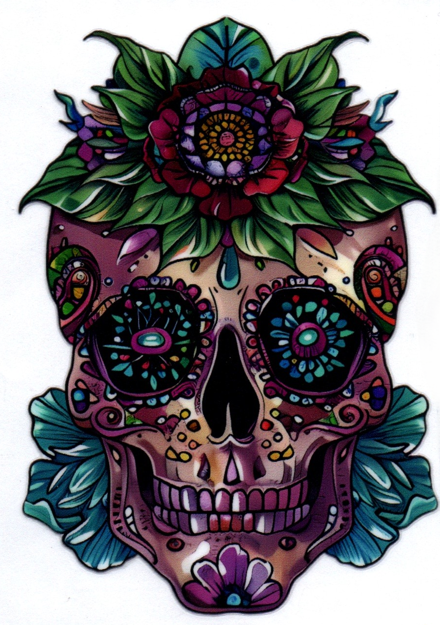 Tall skull w/flowers gold/purple Single Decal 27