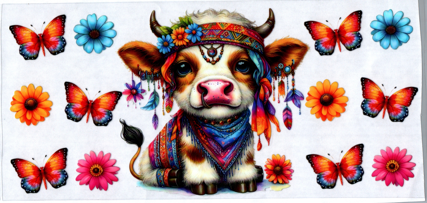 16 oz Hippie cow with rainbow feathers & flowers 28