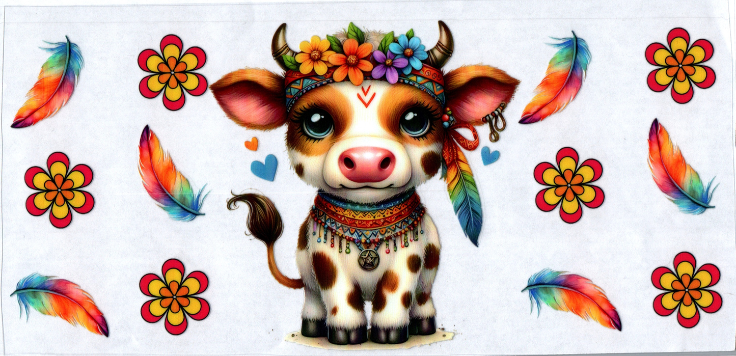 16 oz Hippie cow with flowers & multi-colored feathers 31