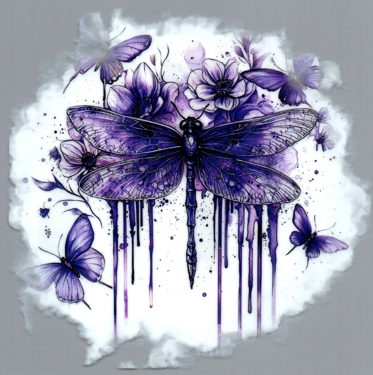 Purple Dragonfly w/flowers Single Decal 3