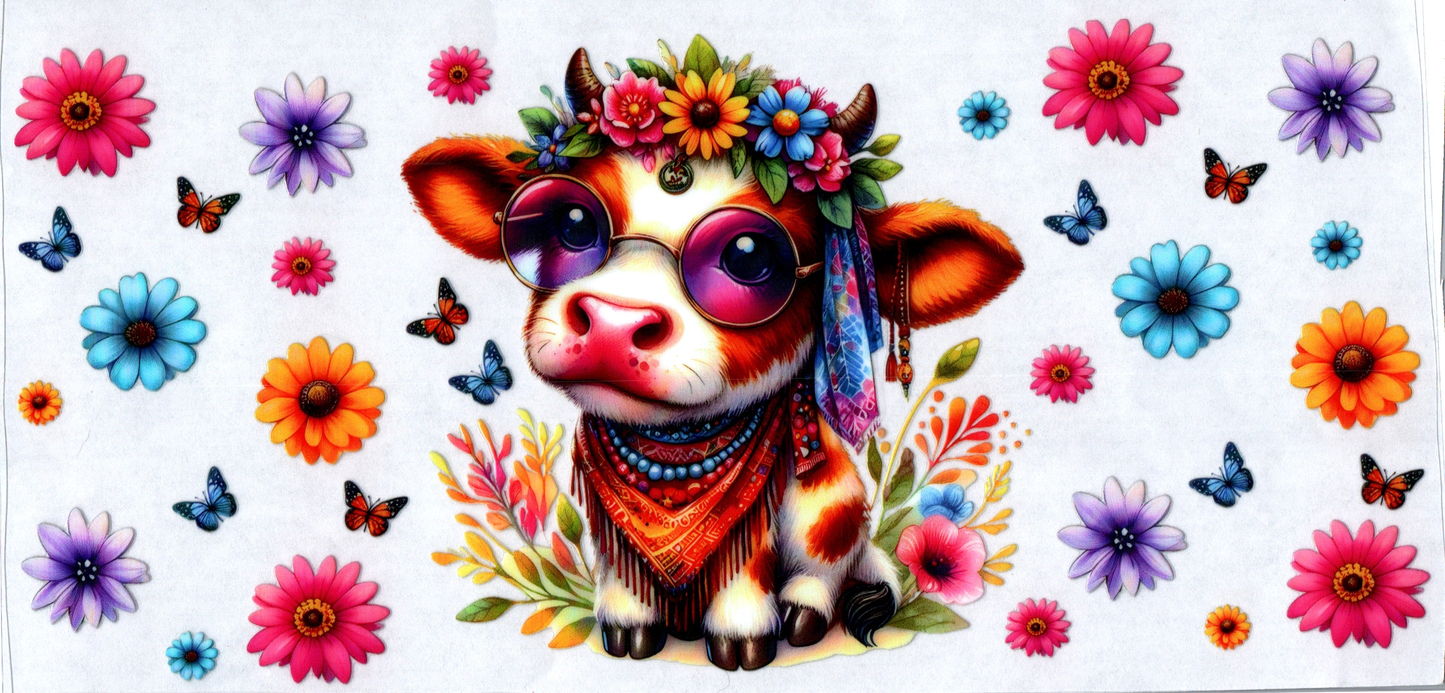 16 oz Hippie cow w/multi colored & butterflies flowers 33