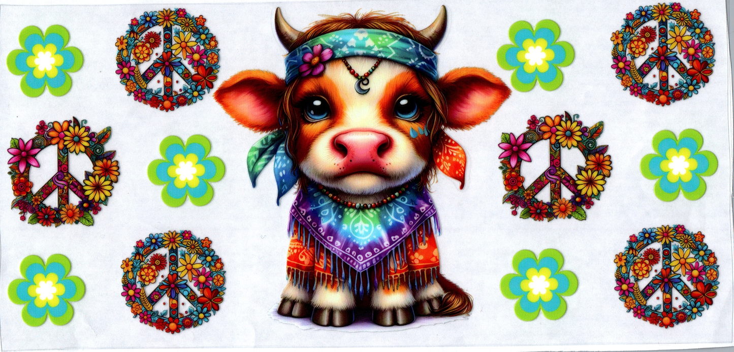 16 oz Hippie cow with horns peace signs & flowers 39