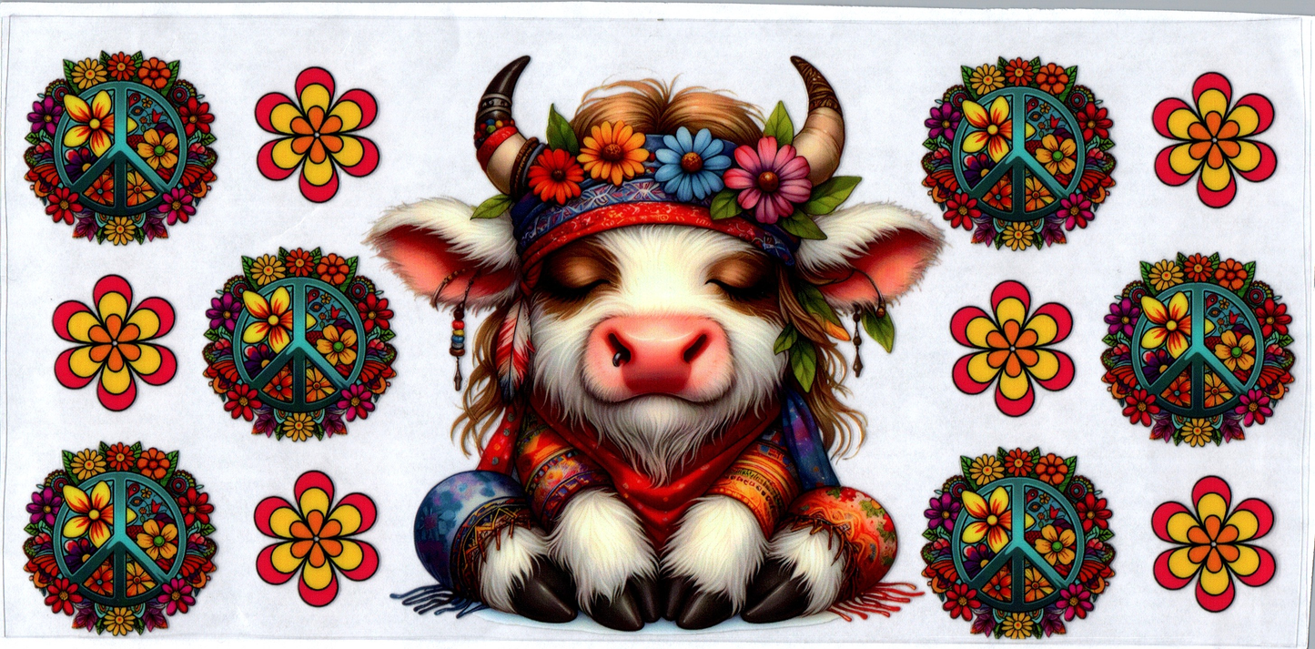 16 oz Hippie cow w/horns peace signs & flowers 40