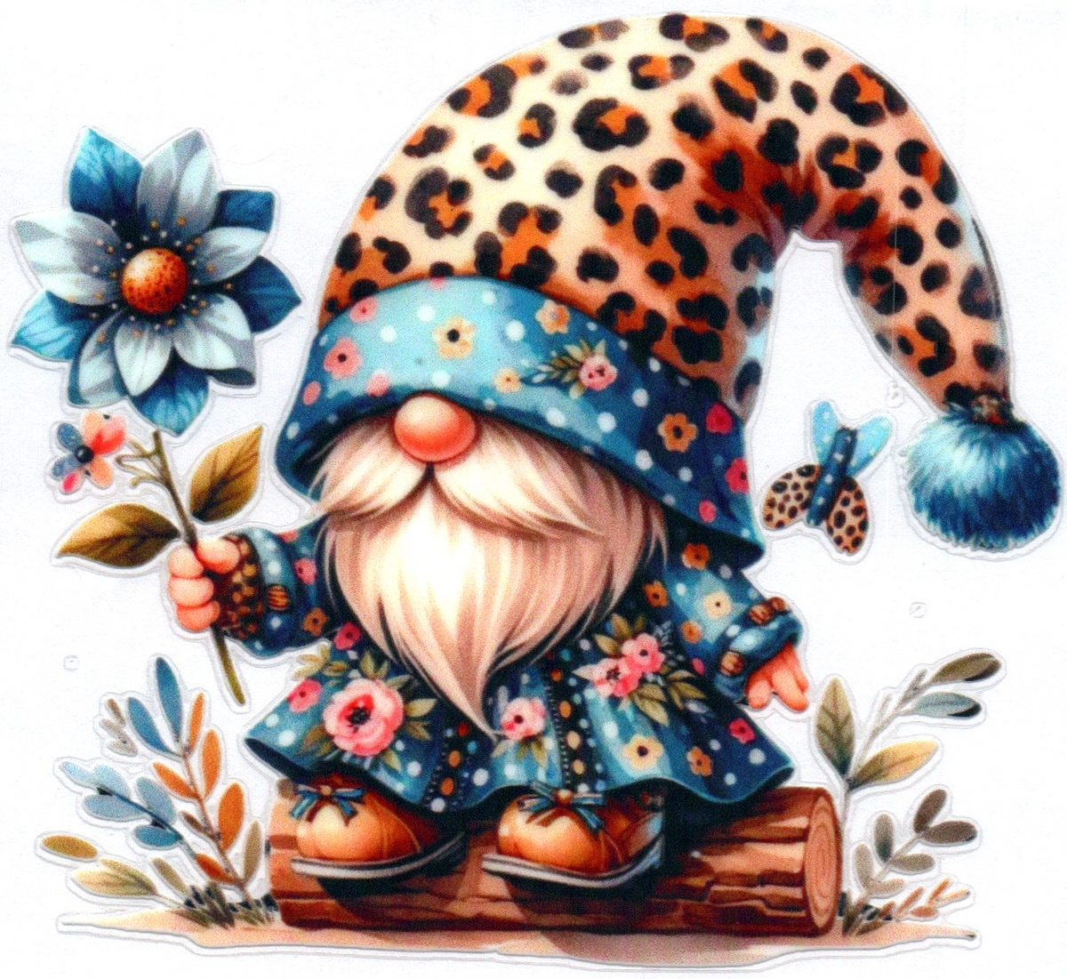 Gnome on log w/blue flower Misc. Single Decal 43