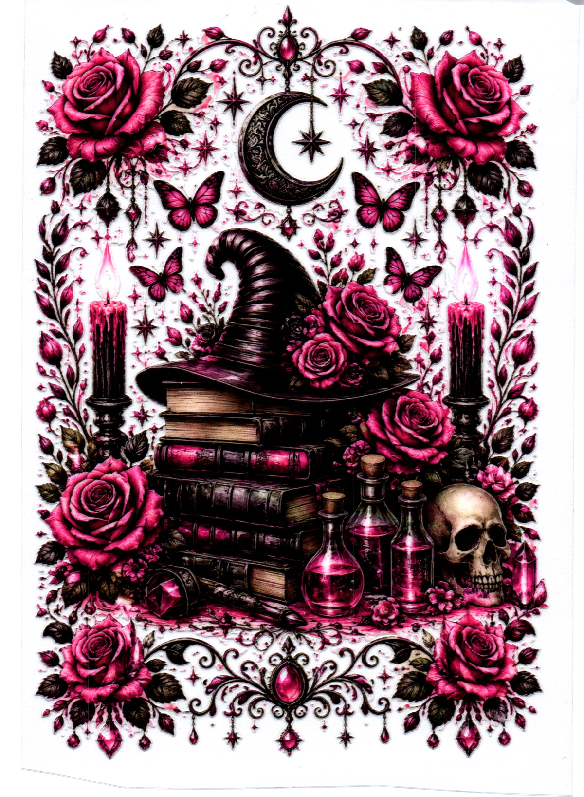 Pink witch hat & books A5