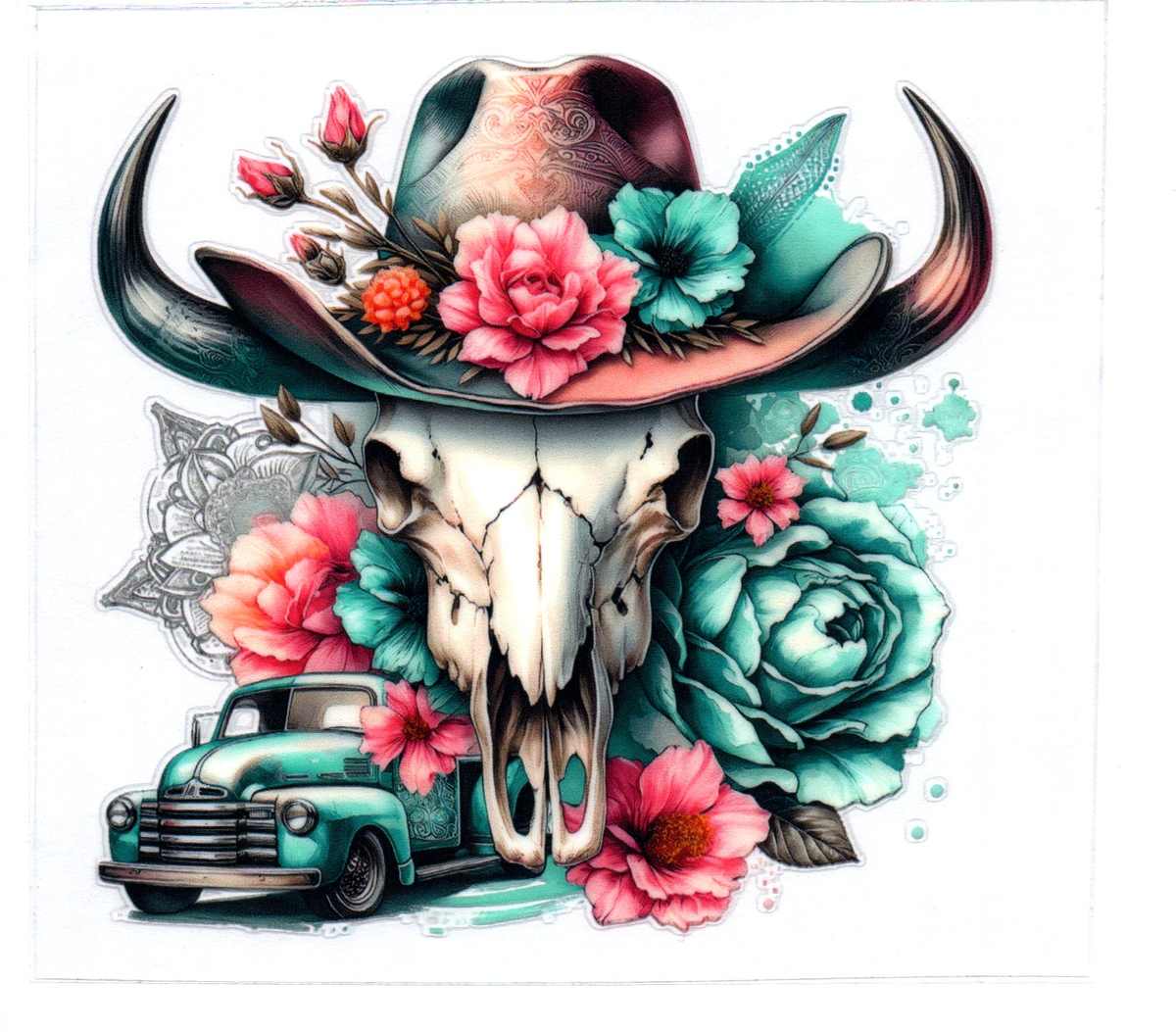 steer skull teal flowers truck DECALS 81