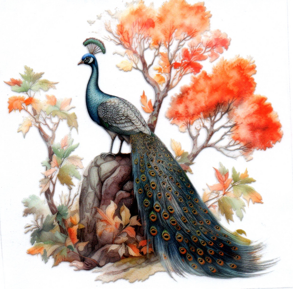 Peacock on rock w/trees 8 Single Decal