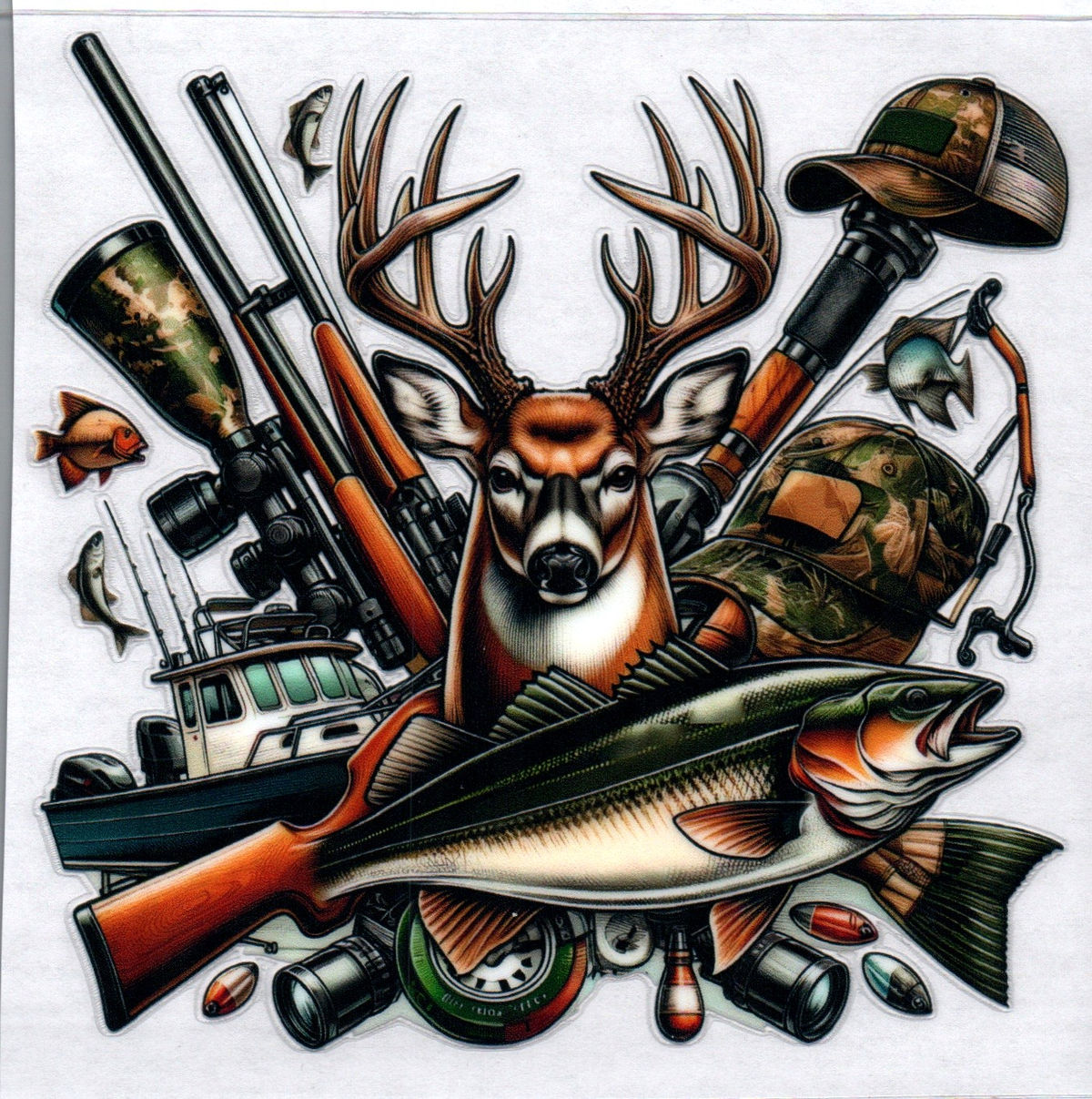 Deer, Boat, Fish and Pew-Pews 10 Single Decal