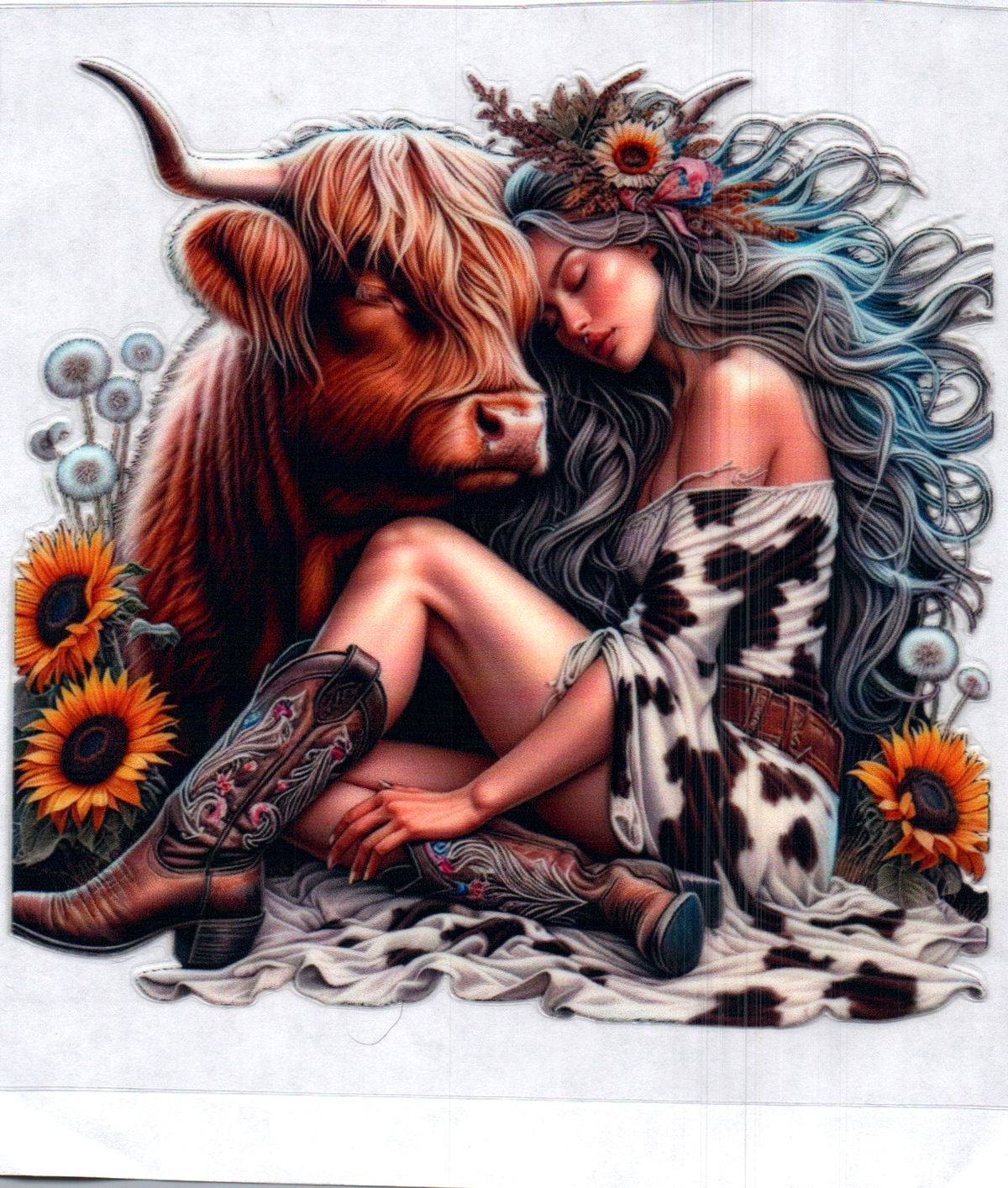 Blue hair girl w/Highland Cow Single Decal 118