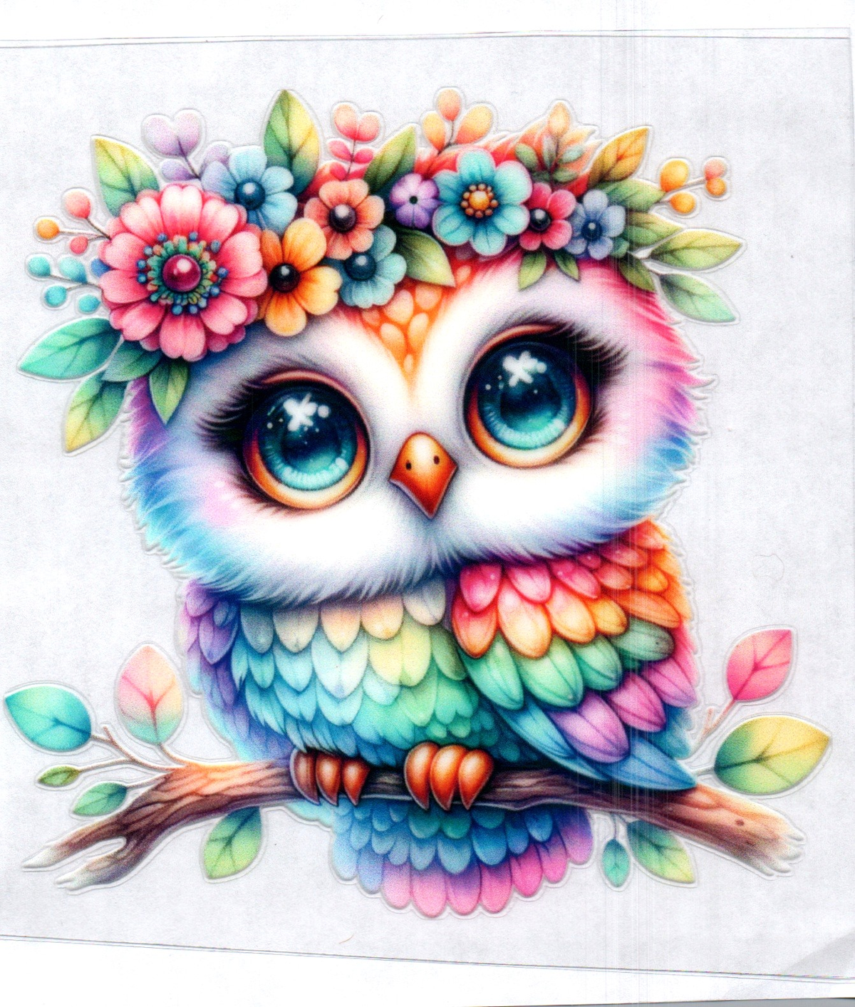 Multi-colored Owl on branch 85 Single Decal