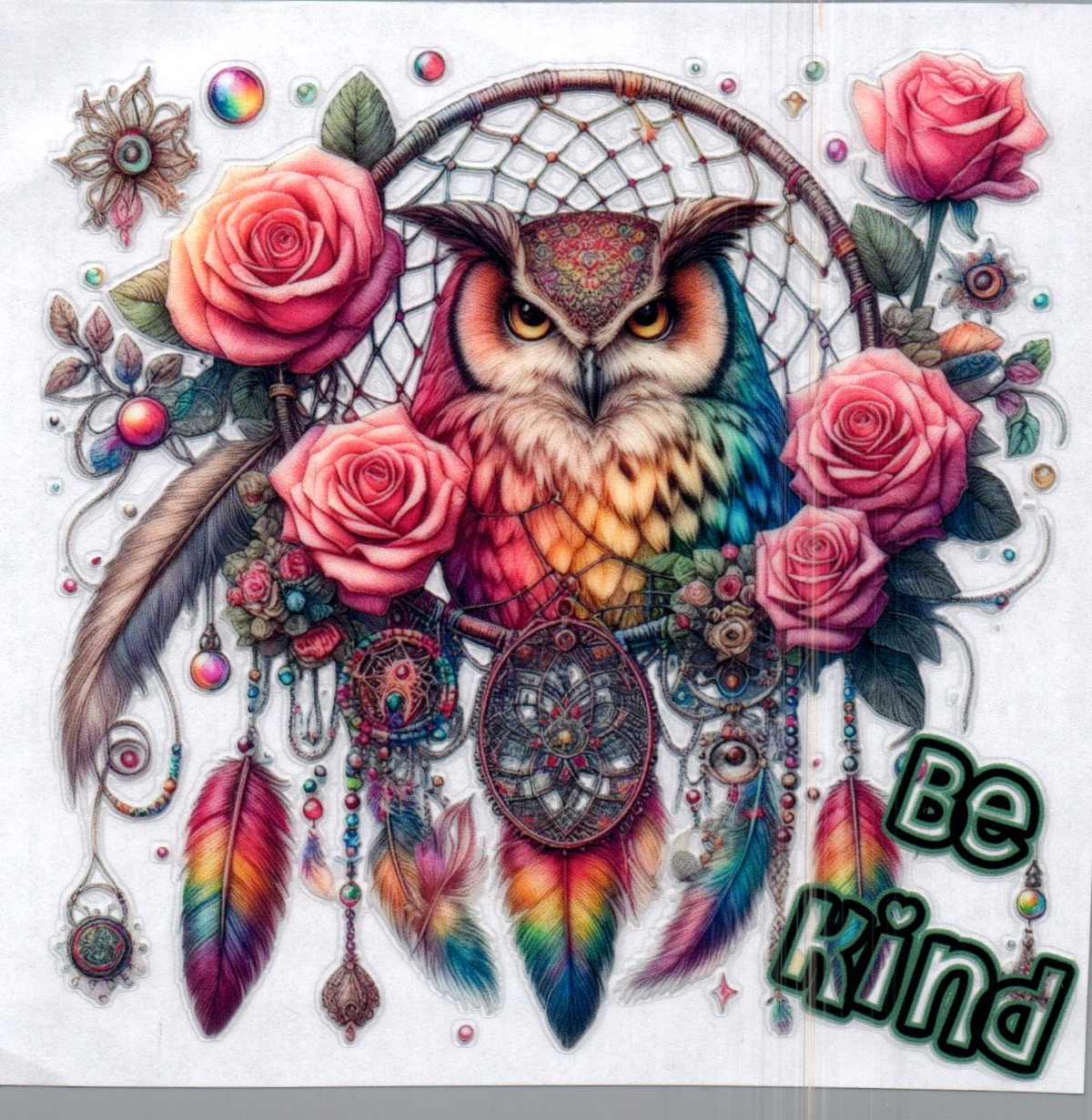 Rainbow colored Owl w/dream catcher 93 Single Decal