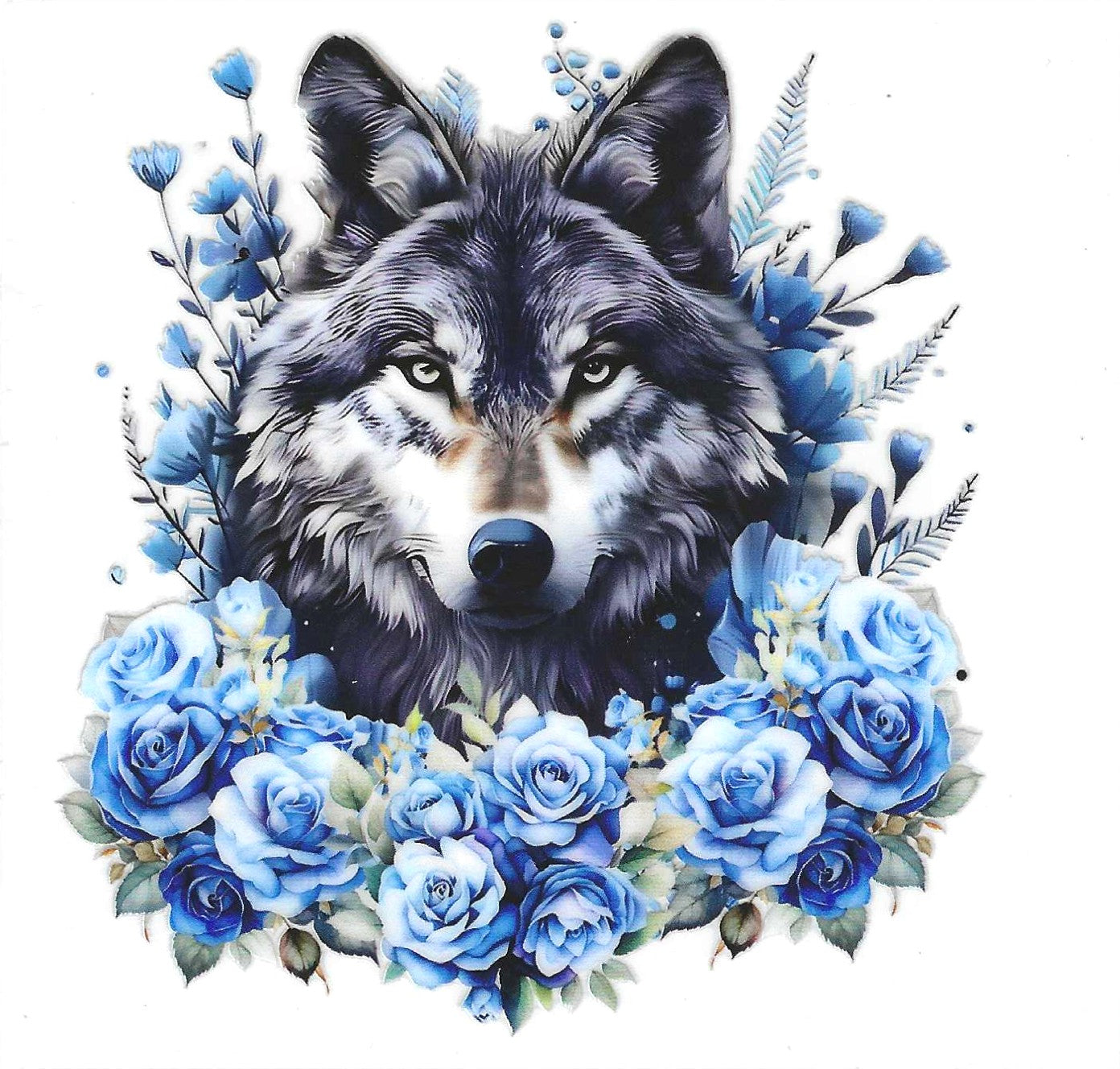 Wolf w/Blue Flowes Decal