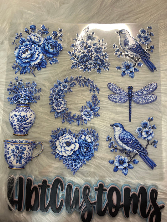 Blue and White Flowers & Bird Element