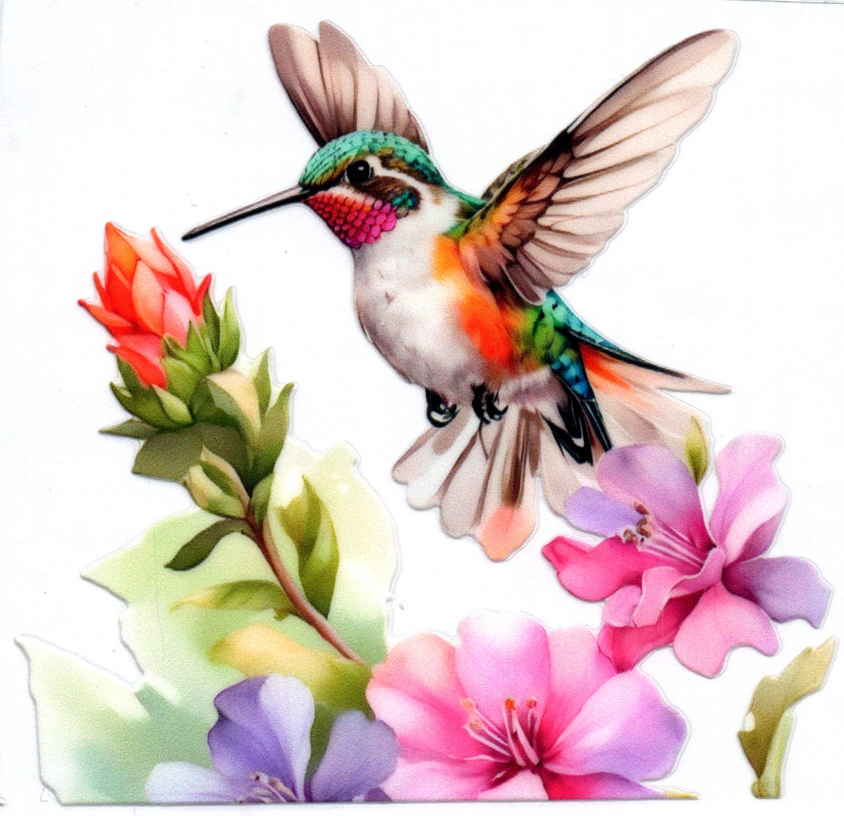 Flying hummingbird w/flowers 10 Single Decal