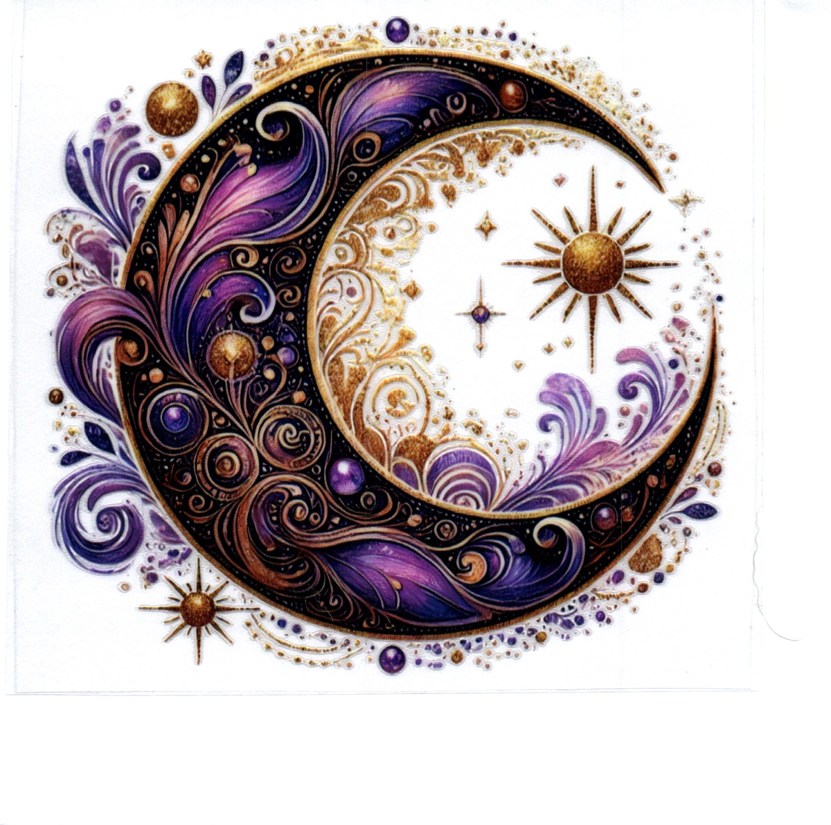 Black moon with fold scroll work and purple feathers Single Decal 102